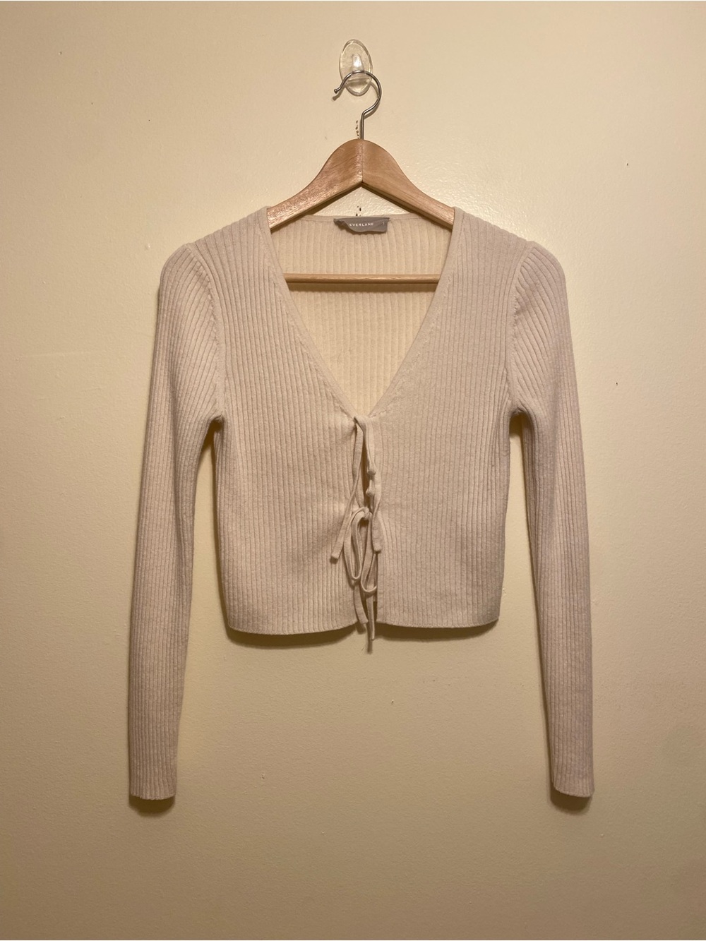 Everlane Cream Ribbed Tie-Front Cropped Cardigan. Size S - Picture 1 of 8